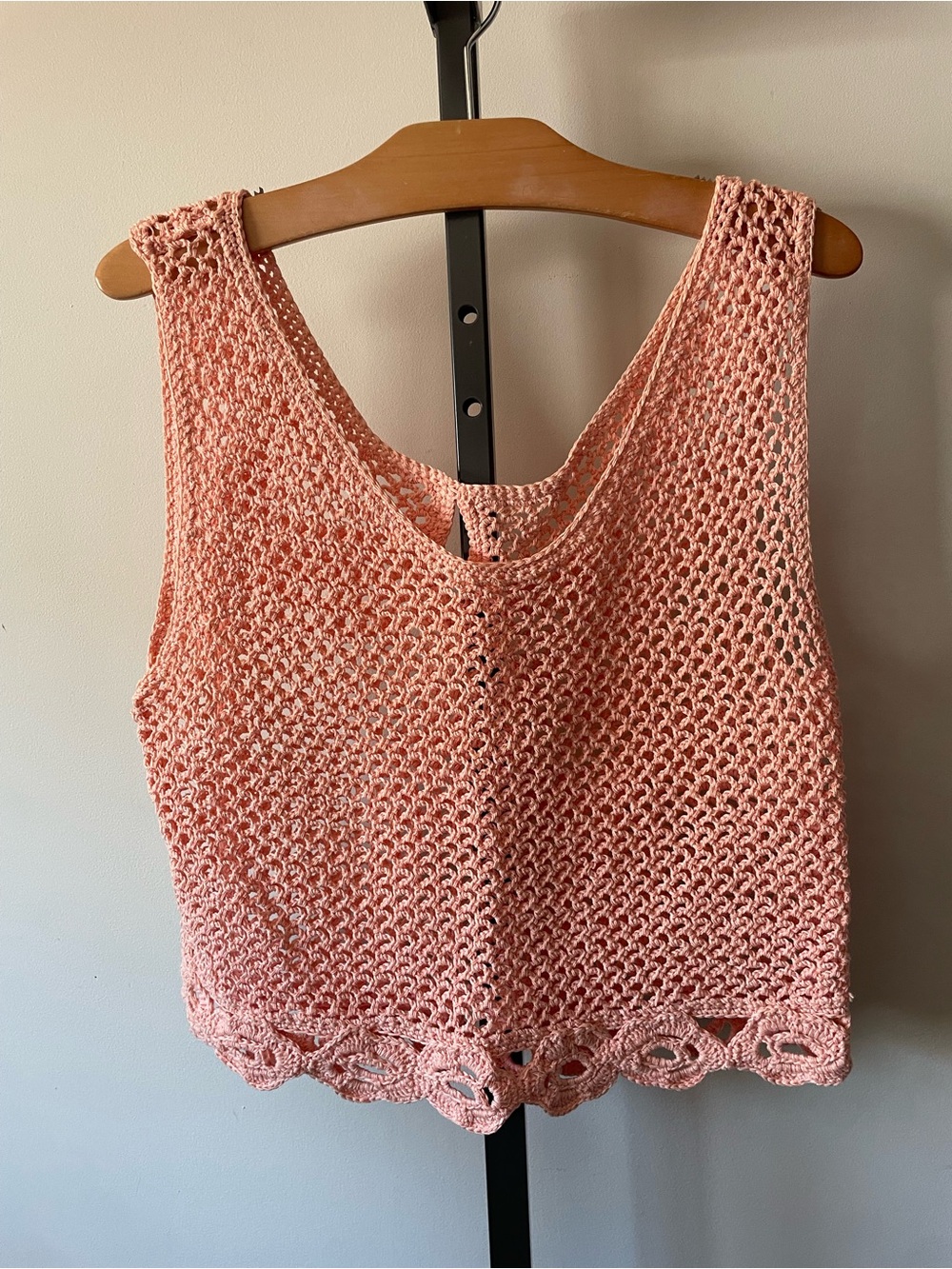 70s Vintage Handmade Crochet Pink Crop Top Tank Open Knit Boho Cottagecore
